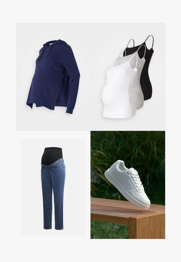 Těhotenská mikina v námořnické modři s klokaní kapsou, dlouhými rukávy, nastavitelnou kapucí na šňůrku a bočními rozparky pro větší pohodlí.; Tři těhotenské tílka v bílé, šedé a černé barvě. Elastická látka s nastavitelnými ramínky a nařasenými bočními švy pro pohodlí.; Těhotenské džíny s modrými denimovými nohavicemi a černým elastickým břišním panelem navrženým tak, aby podporoval a zakrýval rostoucí bříško.; Bílé tenisky s hladkým syntetickým svrškem, perforovanou špičkou, plochými tkaničkami a texturovanou podrážkou, vystavené na dřevěném povrchu.