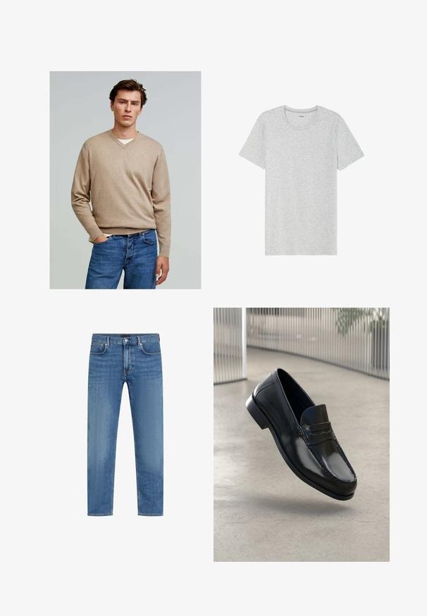 Scalpers V NECK - Svetr - taupe; Šedé tričko s krátkým rukávem vyrobené z jemné, lehké látky. Rovný lem, klasický design s kulatým výstřihem a jemná melírovaná textura.; Modré denimové džíny s rovnými nohavicemi, pěti kapsami, zapínáním na knoflík a zip, a mírným vyblednutím na stehnech.; Černé kožené mokasíny s hladkým povrchem, zaoblenou špičkou, dekorativním prošíváním a mírně zvýšenou podrážkou.