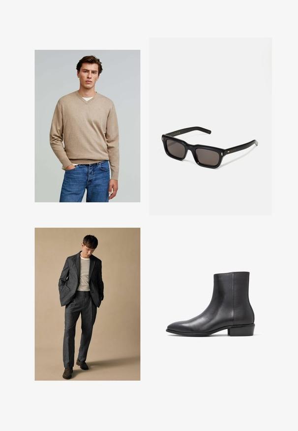 Scalpers V NECK - Neule - taupe; Harmaa muotopuku, jossa on kaarrettu läppä ja etutaskut, yhdistettynä raidalliseen kauluspaitaan. Housuissa on rento istuvuus ja taitetut yksityiskohdat. Ruskeat kengät.; ALDO PILLOWWALK+FLEX INSIDE ZIP AMUR - Klassiset nilkkurit - open black; Mustat suorakulmaiset aurinkolasit tummilla linsseillä, paksu muovikehys, kultaiset korostukset temppeleissä ja brändin logo kaiverrettuna varteen.