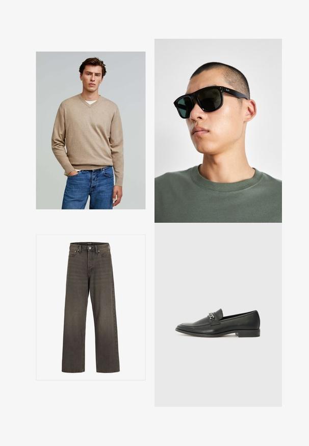 Scalpers V NECK - Maglione - taupe; Jeans a gamba larga in denim grigio scuro, con vita alta, design classico a cinque tasche e cuciture a contrasto lungo le cuciture.; Mocassino in pelle nera con finitura liscia, caratterizzato da un design cucito e da un accento decorativo in catena metallica sul vamp. Tacco piatto.; Occhiali da sole rettangolari neri con lenti scure, caratterizzati da una forma distintiva e un marchio sulla parte tempiale. Indossati da una persona con una maglietta verde.