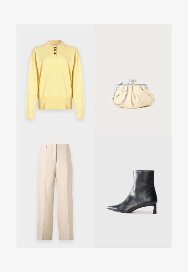 Sárga kötött póló pulóver nyakkal, három sötét gombbal, bordás aljjal és hosszú ujjal, puha anyagból készült.; Beige len vászonnadrág laza fazonnal, plisszírozott elülső résszel és egyenes lábakkal. Jellemzője a derékpánt övhurkokkal és látható zsebek nélkül.; Fekete bőr bokacsizma hegyes orral és letisztult dizájnnal. Alacsony sarka és hátsó cipzáras záródása van. Simának tűnő textúra.; Pleátolt bézs bőr válltáska ezüst fém kerettel, két kerek díszcsattal és ezüst lánc pánttal.