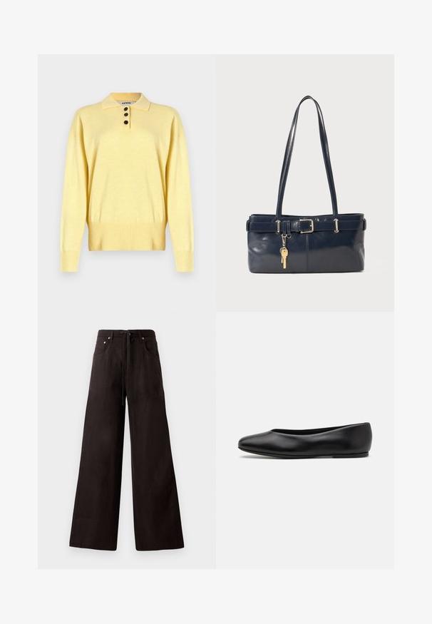 Gelbes, gestricktes Polo Sweatshirt mit Kragen, ausgestattet mit drei dunklen Knöpfen, geripptem Saum und langen Ärmeln, aus weichem Material gefertigt.; Schwarze weite Hosen aus leichtem Material. Mit einem Zugband am Bund, Fronttaschen und dezenter Textur.; Paul Smith TOPANGA - Klassischer Ballerina - black; Marineblaue Lederhandtasche mit zwei langen Griffen, einer Schnallen-Detailierung und einem daran befestigten Schlüsselanhänger. Besitzt eine glatte Textur und eine rechteckige Form.
