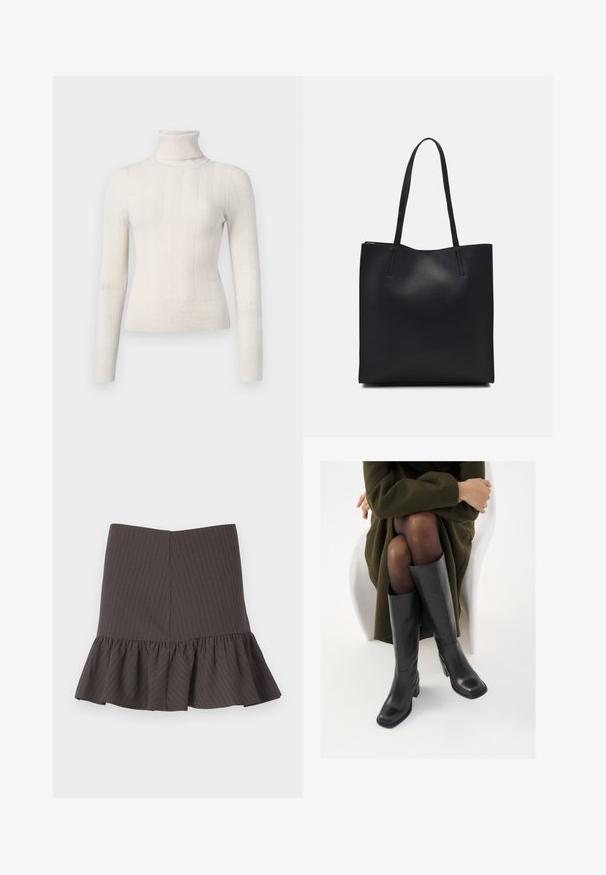 Pull à col roulé blanc cassé en tissu côtelé. Il présente des manches longues et une coupe ajustée avec de subtils rayures verticales.; Jupe évasée gris foncé avec une ourlet froncé, présentant de subtils rayures verticales et une taille ajustée. Fabriquée dans un tissu texturé.; Bottes en cuir noires arrivant au genou, avec un bout carré et un talon carré, présentées sur un modèle assis dans un manteau vert olive. Texture lisse, détails minimaux.; Sac fourre-tout en cuir noir avec une texture lisse, de forme rectangulaire et deux longues poignées. Pas de matériel ou d'ornementations visibles.