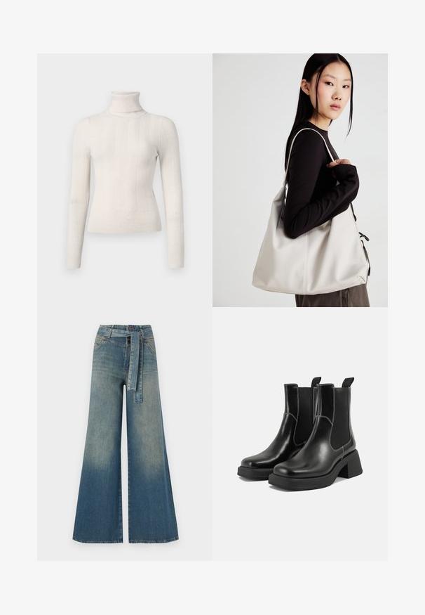 Off-white turtlenecks džemperis, izgatavots no ribotas adīšanas auduma. Ar garām piedurknēm un pieguļošu dizainu, ar smalkām vertikālām svītrām.; Platām kājām džinsu bikses ar gaismas līdz tumši zilam gradientam, augstu jostas līniju, jostas cilpām un atbilstošu auduma jostu. Tekstūrēts džinsas apdare.; Melni ādas Čelsijas zābaki ar masīvu papēdi, elastīgām sānu panelēm un kontrastējošu balto šuvumu. Teksturēts apdare.; Bežs rokassoma, izgatavota no mīksta materiāla, ar brīvu dizainu, izšūtu apdari un divām plecu siksnām. Piemērota ikdienas lietošanai.