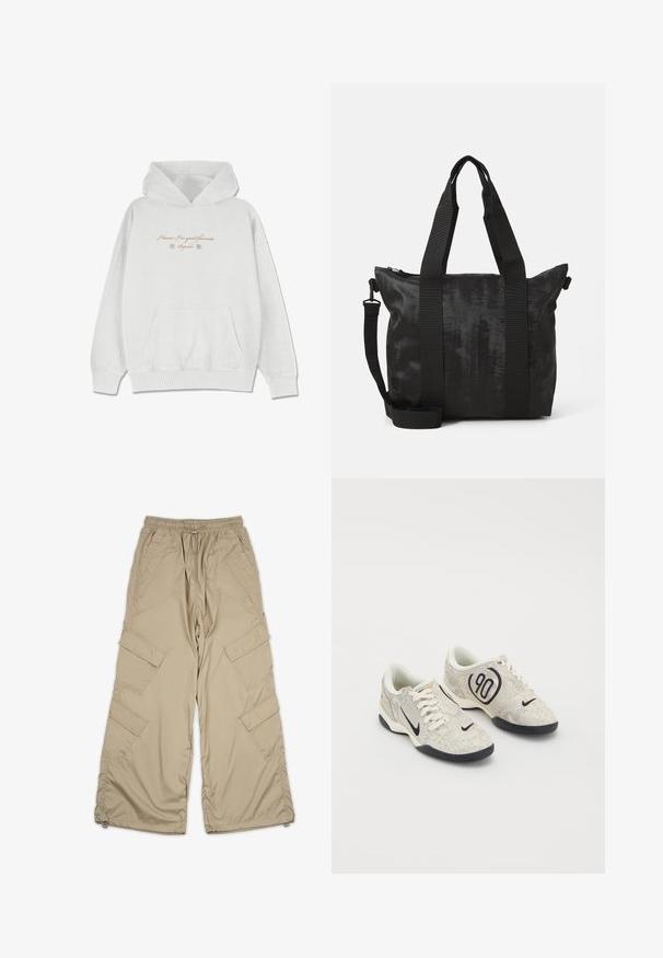 Hoodie cinza claro feito de tecido suave, com um bolso frontal. Apresenta texto em itálico e acentos florais na área do peito.; Calças cargo bege com cintura ajustável, múltiplos bolsos laterais e um corte descontraído. Feitas de um tecido leve e suave com detalhes de costura.; Tênis Nike com um upper texturizado em bege e cinza, detalhes em preto, um grande logótipo "90" e um fecho de atacadores branco. Sola preta.; Bolsa tote preta com tecido texturizado, alças duplas na parte superior e uma alça de ombro destacável. Possui fecho com zipper para armazenamento seguro.