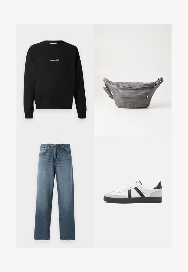 Čierna mikina s okrúhlym výstrihom, dlhými rukávmi a elastickými manžetami, s bielym vyšitým nápisom "Original Studio" na prednej strane.; Džíny z modrej denimovej látky s rovným strihom a vyblednutým umývaním, s piatimi vreckami, kovovým gombíkom a pútkami na opasok. Pevná, stredne ťažká tkanina.; Biele tenisky s čiernymi a šedými akcentmi, s textúrovanou šedou špičkou, čiernou gumovou podrážkou a plochými bielymi šnúrkami. Čistý dizajn, minimalistický štýl.; Sivá semišová ľadvinka s okrúhlym tvarom, dvoma zipsovými priehradkami a nastaviteľným popruhom. Obsahuje kovové prvky.