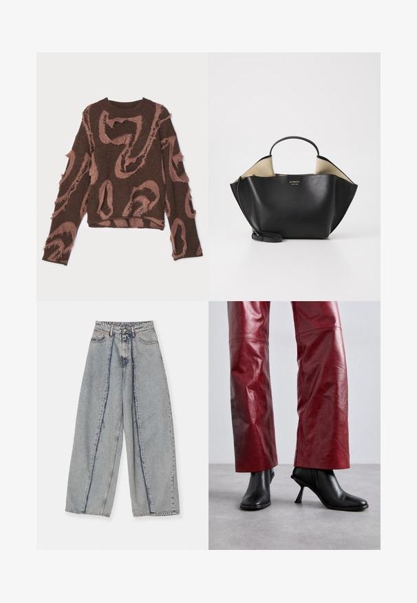 Brauner Strickpullover mit strukturiertem Design, das ausgefranste Bereiche und ein wirbelndes pinkes Muster aufweist. Runder Ausschnitt und lange Ärmel.; Hellblaue weitgeschnittene Jeans mit fransigen Kanten, hoher Taille und kontrastierenden Nähten. Hergestellt aus Denim, zeigt sie eine lockere Passform und minimale Abnutzung.; Schwarze Absatzstiefeletten mit spitzem Zehen und kantigem Design, kombiniert mit hochgeschnittenen roten Lederhosen, die ein dezentes Muster aufweisen.; Ree Projects ANN TOTE MINI - Handtasche - black
