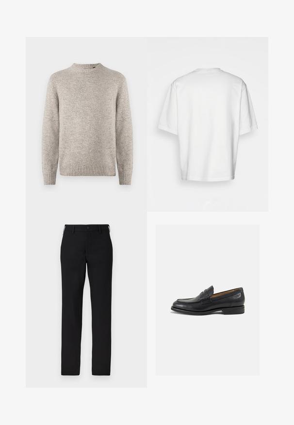 Lys grå strikkegenser med rund halsutskjæring, ribbestrikkede mansjetter og nederkant, samt en teksturert finish. Ingen synlige mønstre eller detaljer.; Hvit t-skjorte med korte ermer, løs passform, rund hals, glatt bomullsstoff, udekorerte bak, rett nederkant, ingen mønstre eller detaljer.; Sorte bukser laget av glatt stoff, med rette ben, knappestengning og beltehemper. Ingen synlige mønstre eller detaljer.; Sorte lær loafers med en glat overflade, rund tå og dekorativ syning på forfoden. Lav stablet hæl og let glans.