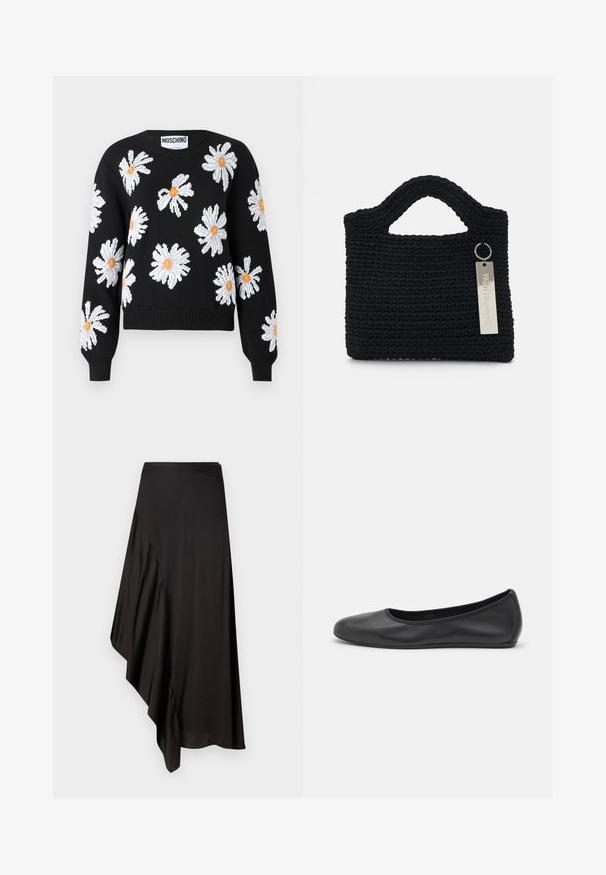 Schwarzer gestrickter Pullover mit weißen Gänseblümchen-Designs und orangenen Zentren. Gerippte Bündchen und Saum, runder Halsausschnitt und verkürzte Silhouette.; AERON ASTER SKIRT - Bleistiftrock - black; Schwarze Leder-Ballettschuhe mit abgerundeter Spitze, glatter Textur, minimalen Nähdetails und einem flexiblen Sohlen-Design.; Won Hundred MARSIELLE COMPUTER BAG UNISEX - Notebooktasche - black