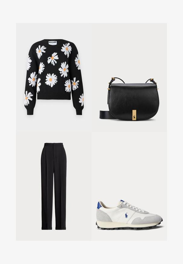 Crna pletena džerđaf s bijelim cvjetnim uzorcima tratinčica s narančastim središtima. Rebrasti manžeti i rub, okrugli izrez i skraćeni kroj.; Crne krojene hlače s visokim strukom, s naborima sprijeda, ravnim krojem i običnim rubom. Izrađene od glatkog materijala.; Bijele i sive tenisice izrađene od antilopa i mrežastog materijala, s plavim naglaskom na peti i sivim gumenim potplatom. Logo je prikazan sa strane.; Crna kožna torba preko ramena s zlatnim metalnim naglaskom i podesivim remenom, koja se odlikuje glatkom teksturom i zakrivljenim oblikom.