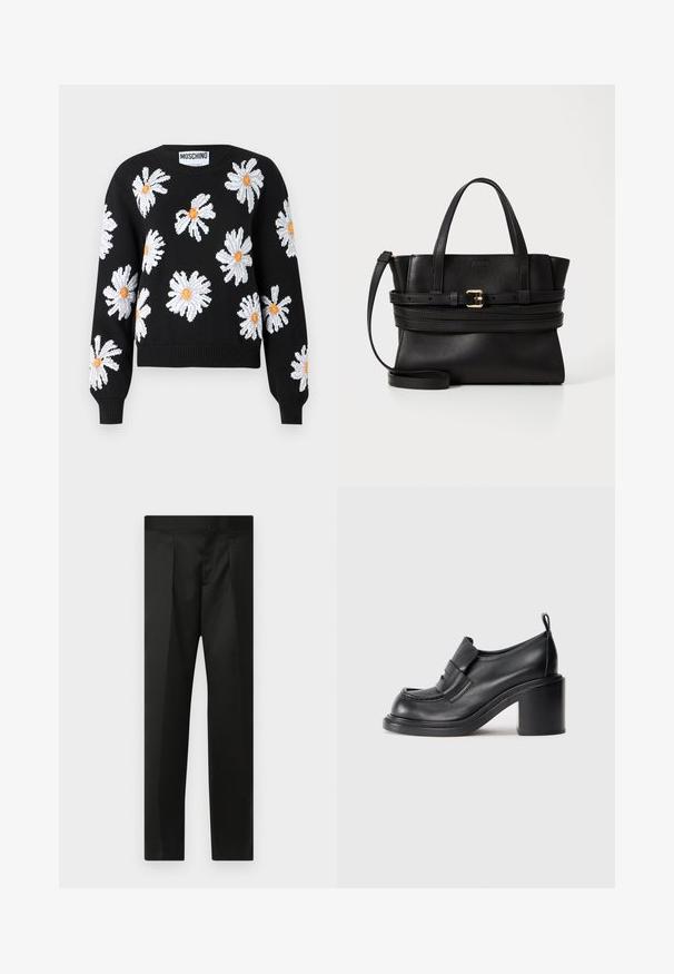 Maglione a maglia nera con design floreale di margherite bianche e centri arancioni. Polsini e orlo a coste, scollatura rotonda e silhouette cropped.; Pantaloni neri realizzati in un tessuto morbido, design su misura, gambe dritte e una vita piatta senza chiusure o tasche visibili.; Scarpe nere in pelle con tacco, caratterizzate da una punta rotonda, una fascia prominente sulla tomaia e un design con tacco spesso. Texture liscia con cuciture minime.; Borsa a tracolla in pelle nera con design strutturato, doppi manici superiori, strap rimovibile e accentuazione in oro su una fascia orizzontale.