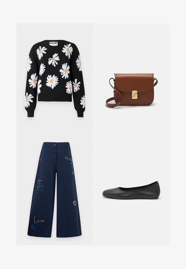 Schwarzer gestrickter Pullover mit weißen Gänseblümchen-Designs und orangenen Zentren. Gerippte Bündchen und Saum, runder Halsausschnitt und verkürzte Silhouette.; Navyblaue weite Baumwollhosen mit mehreren Taschen. Enthält farbenfrohe gestickte Texte und Grafiken, darunter Herzen und verspielte Phrasen.; Schwarze Leder-Ballettschuhe mit abgerundeter Spitze, glatter Textur, minimalen Nähdetails und einem flexiblen Sohlen-Design.; Braune Ledertasche mit Klappenverschluss, Beschlägen in Goldfarbe, einem Schultergurt und einer glatten Oberfläche. Kompakte rechteckige Form.