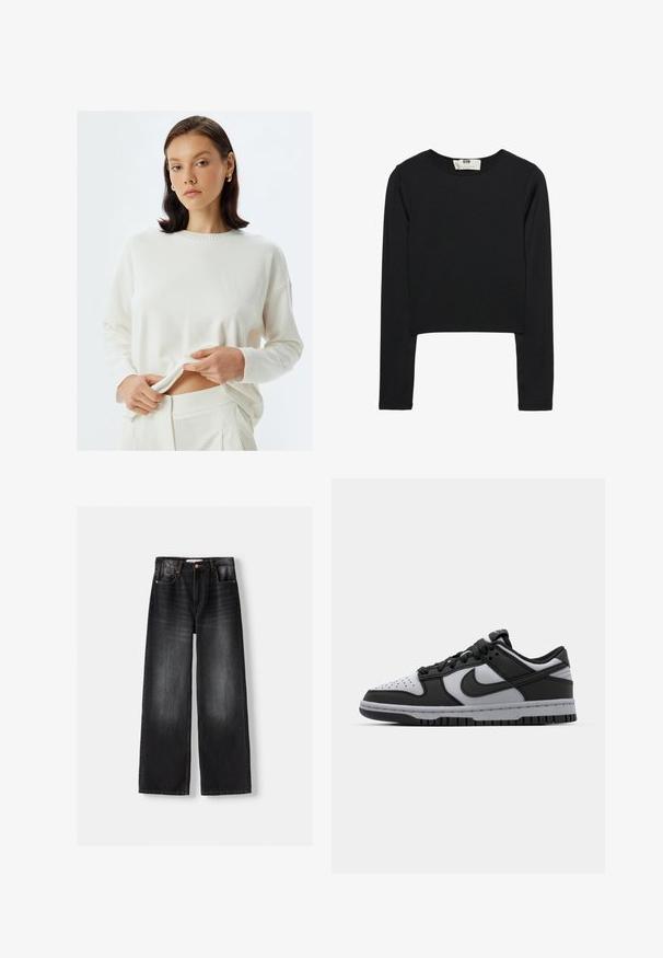 Cremfarbener Strickpullover mit langen Ärmeln und geripptem Kragen, kombiniert mit passender Hose. Der Stoff wirkt weich und leicht.; Schwarzes Langarm-Crop-Top aus leichtem Stoff, mit rundem Ausschnitt und taillierter Silhouette, sauberen Nähten und ohne Verzierungen.; Bershka Flared Jeans - black; Schwarze und graue Nike Dunk Low-Top-Sneaker mit perforierter Zehenpartie, glatten Lederakzenten und Gummisohle mit strukturiertem Profil.