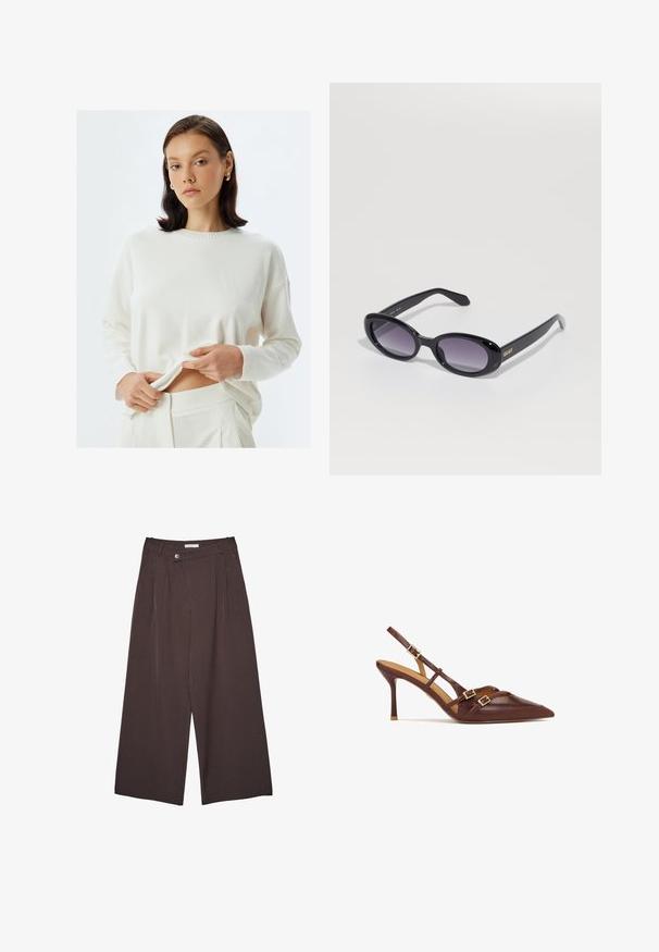 Maglione in crema a maglia con maniche lunghe e scollatura a costine, abbinato a pantaloni coordinati. Il tessuto sembra morbido e leggero.; Pantaloni brown a righe larghe con vita abbottonata e passanti per cintura, esposti piatti su uno sfondo bianco.; Décolleté in pelle marrone con punta appuntita, sottile tacco a spillo e dettagli in metallo dorato. Presenta cinturini incrociati sopra il piede.; Occhiali da sole neri a forma ovale con lenti graduate viola. Montatura e aste in plastica lucida. Logo dorato sulla asta sinistra.; Borsa hobo in pelle nera con una forma morbida e curvata. Presenta un ampio manico superiore e pieghe alla base per una texture morbida.