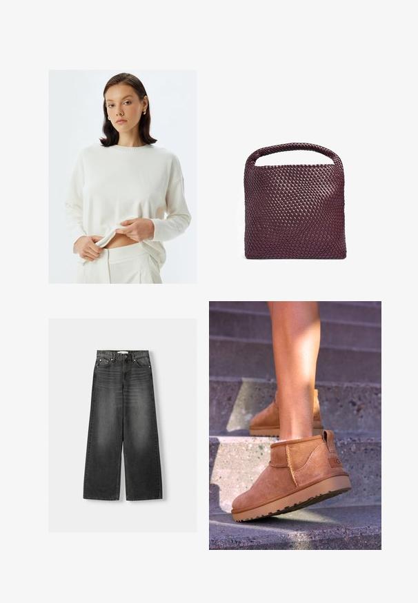 Pull en tricot crème avec des manches longues et un col côtelé, associé à un pantalon assorti. Le tissu semble doux et léger.; Jean taille haute à jambe large en denim gris foncé. Comprend cinq poches, des rivets en métal et des passants de ceinture. Texture lisse avec une légère décoloration.; Bottines en suede beige avec une texture douce, des détails cousus et une semelle en caoutchouc, dotées d'un talon en boucle pour un enfilage facile.; Sac à main en cuir tressé de couleur bordeaux profond, de forme carrée avec une poignée arrondie et un motif de surface texturé. Design minimaliste.