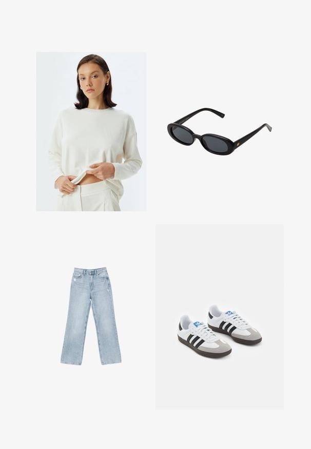 Kremowy sweter dzianinowy z długimi rękawami i ribbowym dekoltem, w połączeniu z pasującymi spodniami. Tkanina wydaje się miękka i lekka.; Jasnoniebieskie dżinsy o szerokim kroju, z wystrzępieniami, pięcioma kieszeniami oraz zapięciem na zamek błyskawiczny.; Buty sportowe z białą skórzaną cholewką, szarym zamszowym noskiem i trzema czarnymi paskami. Posiadają niebieskie logo na języku oraz teksturowaną gumową podeszwę.; Czarne, oversize okulary przeciwsłoneczne z owalnymi soczewkami, gładkim plastikowym mostkiem i złotymi akcentami na zausznikach. Ciemne soczewki zapewniają ochronę przed słońcem.