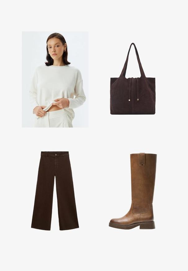 Crème gebreide trui met lange mouwen en een geribbelde halslijn, gecombineerd met bijpassende broek. De stof lijkt zacht en licht van gewicht.; Bruine wijde broek in katoenmix, met een rafelige zoom, sluiting met een knoop aan de voorkant en een klassieke vijf-pocketstijl. Minimalistisch en veelzijdig.; Bruine leren laars tot de knie met een ronde neus, gestructureerd oppervlak en een lage, gestapelde hak. Beschikt over een zijpaneel en een aantrektap aan de bovenkant.; Mango Shopper - dark brown