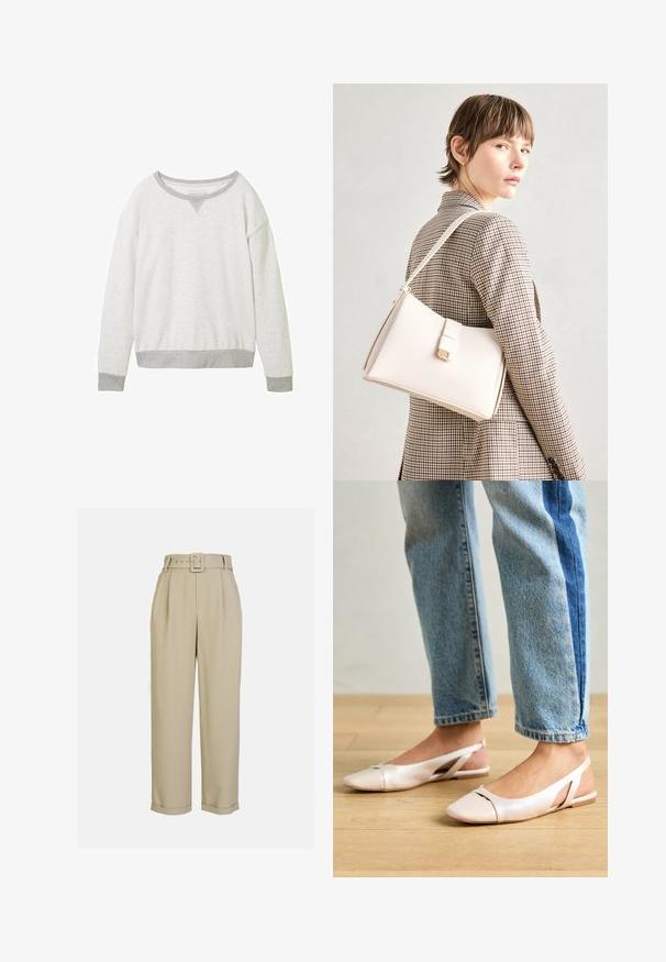 Jasnoszary sweter z okrągłym dekoltem, kontrastowymi szarymi ściągaczami i subtelnym akcentem w kształcie litery V przy kołnierzu. Miękka tekstura.; Beżowe, wysokie spodnie o szerokich nogawkach, z plisami, pasującym paskiem z prostokątną klamrą i mankietami.; Jasnoróżowe baleriny na odkrytej pięcie z wąskim noskiem, wykonane z gładkiego materiału imitującego skórę. Posiadają wycięcia po bokach oraz płaski obcas.; Biała skórzana torebka o strukturalnym wzorze, z magnetycznym zapięciem i paskiem na ramię, zaprezentowana na neutralnym tle.