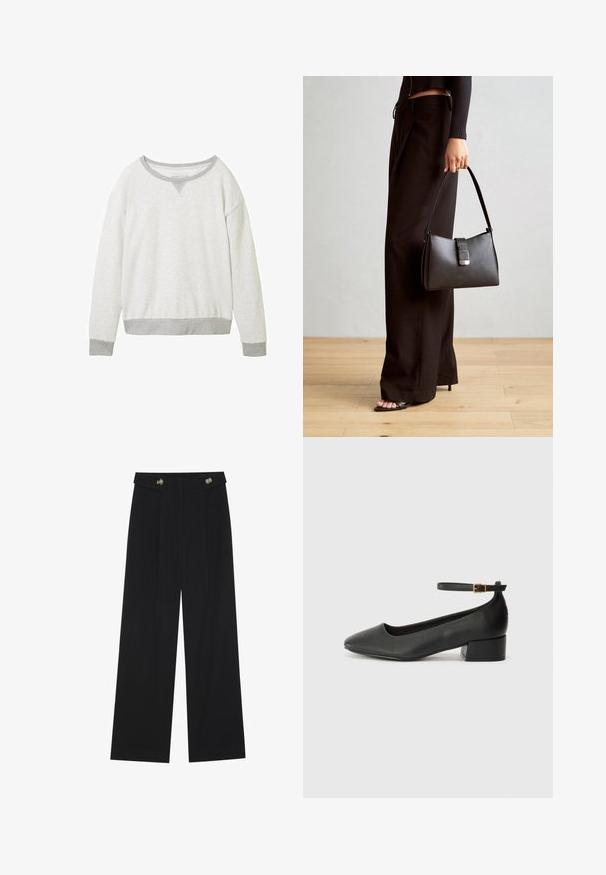 Sudadera de pullover gris claro con cuello redondo, puños en gris contrastante y un sutil acento en forma de V en el cuello. Textura suave.; Pantalones de pierna ancha negros con cintura alta, detalles de botones en la cinturilla y pliegues en la parte delantera.; Zapato de tacón negro de cuero con punta afilada y tacón bajo cuadrado. Presenta una correa para el tobillo con una hebilla en tono dorado. Textura suave.; Bolso negro con forma estructurada, textura suave y un cierre metálico. Combinado con pantalones anchos negros y sandalias de dedo en un suelo de madera.