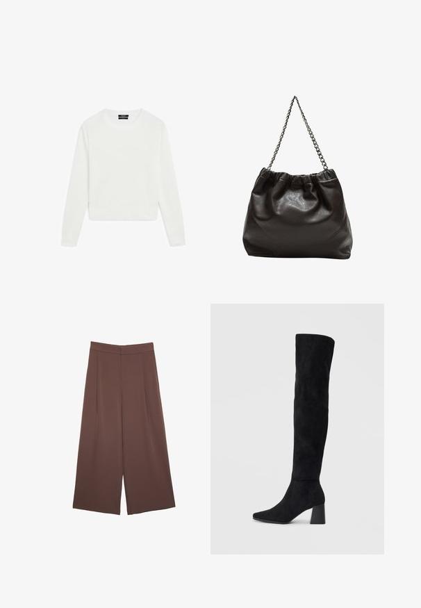 Biała, długorękawowa sweter, skrócona konstrukcja, miękka faktura, okrągły dekolt, prążkowane mankiety i dół, minimalistyczny styl bez widocznych wzorów lub elementów metalowych.; Brązowe spodnie o szerokich nogawkach z gładką fakturą, z wysokim stanem i plisami z przodu. Materiał jest lekki i luźno opada.; Czarne zamszowe botki do kolan na kwadratowym obcasie, z wydłużonym noskiem i gładkim, bezszwowym wzorem na jednolitym jasnym tle.; Brązowa skórzana torba z marszczonym szczytem i łańcuszkowym paskiem. Gładka tekstura z błyszczącym wykończeniem i subtelnymi detalami szwów po bokach.