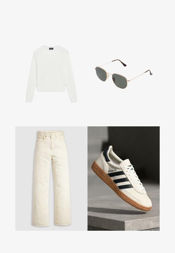 White long-sleeve sweater, cropped design, soft texture, round neck, ribbed cuffs and hem, minimalistic style with no visible patterns or hardware.; Wide-leg jeans in off-white denim, featuring a high waist, copper rivets, and classic five-pocket design. Textured fabric with clean hems.; White suede sneaker with navy stripes, rubber gum sole, textured upper, round toe, and lacing; features branding on the side and tongue.; Gold metal-frame sunglasses with dark green lenses, aviator style, featuring slim arms and tortoiseshell accents on the tips.; Black quilted faux leather bag with a chain strap, featuring a hexagonal pattern and a decorative wing detail on the front.