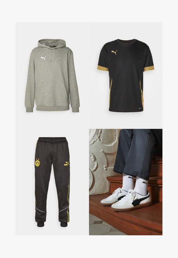 Felpa grigia in cotone con tasca a marsupio, cappuccio con coulisse e logo bianco sul petto. Presenta polsini e orlo a coste per una vestibilità migliore.; T-shirt sportivo nero con dettagli dorati sulle maniche e sui fianchi. Presenta un colletto rotondo, maniche corte e tessuto traspirante DRYCELL.; Pantaloni sportivi neri con loghi gialli di Borussia Dortmund BVB 09 e Puma King, vita elasticizzata e righe laterali gialle con motivo.; Sneakers Puma in suede bianco e nero, con suola in gomma marrone. Abbinati a calzini bianchi con logo nero, indossati con pantaloni scuri.