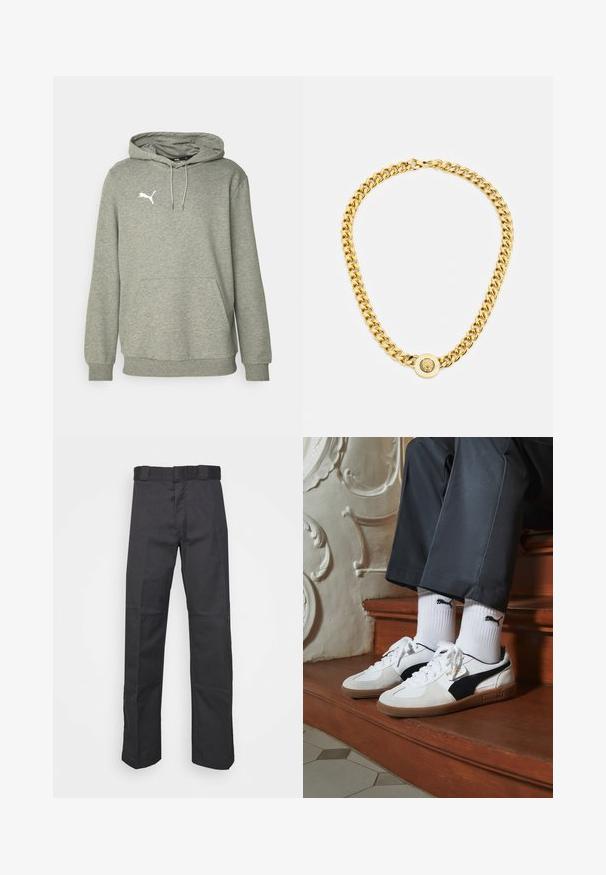 Grå bomullshuvtröja med en känguruficka, snörning vid huvan och vitt logo på bröstet. Har ribbade muddar och fåll för bättre passform.; Svarta byxor av slitstark tyg med rak bendesign, midja med bälteshål och sömmar för extra struktur.; Puma-sneakers i vit och svart mocka, med en brun gummisula. Kombinerade med vita strumpor som visar upp en svart logotyp, bärs tillsammans med mörka byxor.; Guldhalsband med stora sammanlänkade kedjor, med en cirkulär hängare i mitten som har en upphöjd emblem.