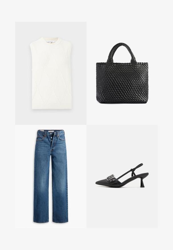 Käeauguta valge kudum vest, millel on teemantimuster ja ribitud ümar kaelus ning hem, millel on märge Maison Kitsuné Paris.; Kaks ilma varrukat kehaülikonda oliivirohelises ja mustas värvitoonis. Valmistatud siledast kangast, ringja kaelusega ja kõrge lõikega jalgade disainiga.; Sinine denim kangas, laia jalaga disain, viie taskuga, nööbiliidiga ja kontrastsete õmblustega. Tekstuuriga kangas, millel on pleekinud viimistlus.; Simmi London DALA - Klassikalised kontsakingad - black; Must Mustaga, millel on kaks käepidet, millel on tekstureeritud pind ja ristküliku kuju. Lihtne, ainulaadne disain, ilma nähtava riistvarata.