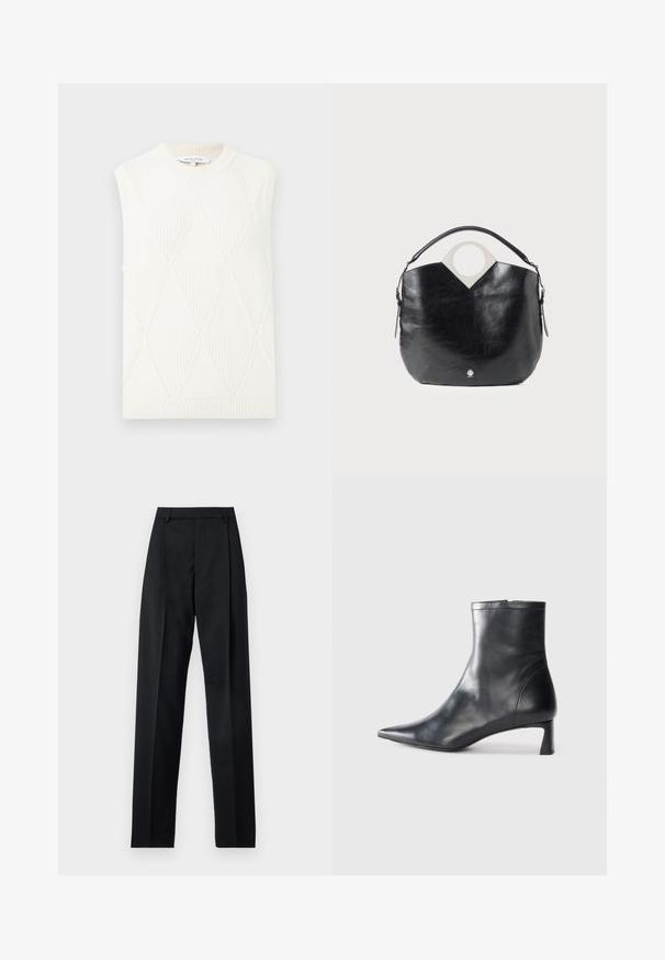 Bezrękawnik z białej dzianiny z wzorem rombów oraz prążkowanym okrągłym dekoltem i dołem, oznaczony metką Maison Kitsuné Paris.; Czarne spodnie wykonane z gładkiego materiału, z wysokim stanem, szerokimi nogawkami, fałdami z przodu i klasycznymi szlufkami na pasek. Brak widocznych kieszeni bocznych.; Czarne skórzane botki sięgające kostki z ostrym noskiem i eleganckim designem. Posiadają niski obcas oraz zamek błyskawiczny z tyłu. Gładka faktura.; Czarna skórzana torba o zakrzywionym kształcie, z okrągłym uchwytem na górze i srebrnym logo. Gładka tekstura i wyraźna konstrukcja z wycięciem.
