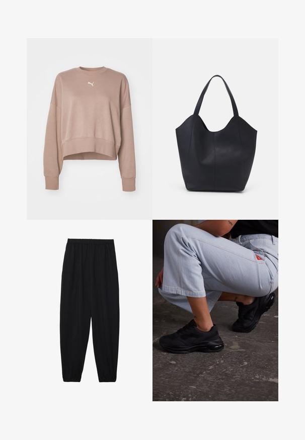 Krótkia bluza z miękkiego beżowego materiału, z okrągłym dekoltem, długimi rękawami i białym logo na piersi. Gładka faktura i ściągacz u dołu.; Czarne, lekkie spodnie z elastycznym pasem i ściągaczami na kostkach. Materiał jest gładki i ma luźny, zwężany krój.; Czarne sportowe sneakersy z teksturowaną cholewką, grubą podeszwą i poduszką powietrzną. W połączeniu z jasnoniebieskimi, krótkimi spodniami w swobodnej stylistyce.; Czarna torba na ramię wykonana z gładkiej skóry, z zaokrąglonym, otwartym topem i dwoma paskami na ramię oraz minimalistycznym designem.