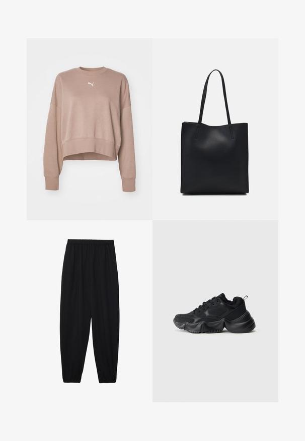 Cropped sweatshirt in soft beige fabric, featuring a round neckline, long sleeves, and a white logo on the chest. Smooth texture and ribbed hem.; Black, lightweight pants with an elastic waistband and gathered ankles. The fabric is smooth and features a relaxed, tapered design.; Black sneakers with a mix of smooth and textured materials, thick soles, rounded shape, and decorative stitching. Features a soft, plush cuff.; Black leather tote bag with smooth texture, rectangular shape, and two long handles. No visible hardware or embellishments.