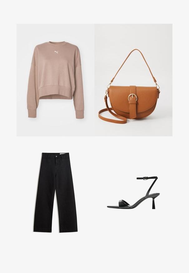 Felpa cropped in morbido tessuto beige, con scollatura rotonda, maniche lunghe e logo bianco sul petto. Texture liscia e orlo a costine.; Pantaloni in denim neri a gamba larga con vita alta, dotati di tasche anteriori e posteriori, cuciture a punto, e chiusura con bottone. Texture liscia.; Bershka Sandali con tacco - black; Borsa a tracolla in pelle marrone con forma curvata, hardware dorato e un dettaglio con fibbia. Presenta una tracolla rimovibile.
