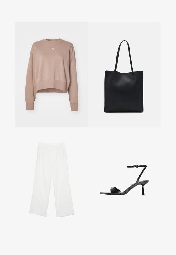 Skraćeni dukserica od mekog bež materijala, sa okruglim izrezom, dugim rukavima i belim logotipom na grudima. Glatka tekstura i rebrasti donji deo.; Široke hlače od bijele tkanine, s glatkom teksturom, prednjim džepovima i klasičnim pojasom s petljama za remen.; Bershka Sandale s visokom petom - black; Crna kožna torba za nošenje s glatkom teksturom, pravokutnim oblikom i dvije duge ručke. Nema vidljivih metalnih dijelova ili ukrasa.