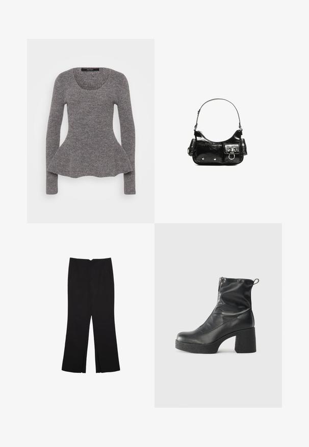 Grauer Pullover mit strukturiertem Strick, weitem Ausschnitt und langen Ärmeln. Weitet sich an der Taille und schafft eine peplumartige Silhouette.; Schwarze Hose mit geradem Schnitt, ausgestattet mit Fronttaschen und Seitenschlitzen am Saum. Hergestellt aus weichem, glattem Stoff. Geeignet für verschiedene Anlässe.; Schwarze Stiefeletten aus glattem Leder mit seitlichem Reißverschluss, klobigem strukturiertem Absatz und runder Zehenform.; Schwarze Lackleder-Handtasche mit geschwungenem Design, einem Schulterriemen, Vordertaschen und silberfarbenen Hardware-Akzenten.