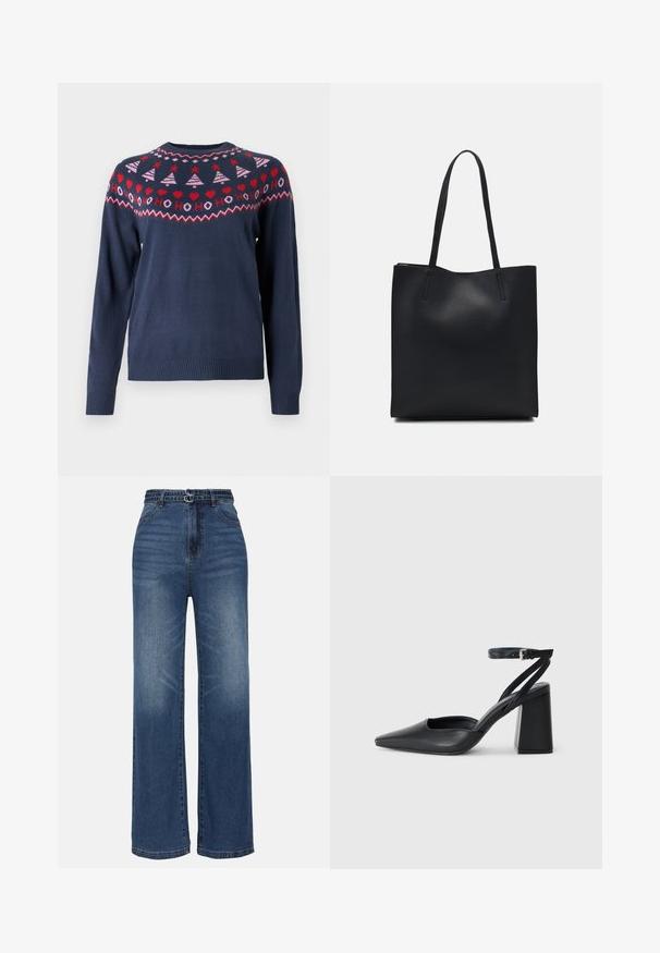 VILA VISANTA CHRISTMAS - Πουλόβερ - navy blazer/pink/red; Πλατύ παντελόνι από μπλε τζιν με ψηλή μέση, με δύο μεταλλικά αξεσουάρ αγκίστρωσης, διακριτική φθορά και κανονικό σχέδιο με πέντε τσέπες.; Μαύρο δερμάτινο ψηλοτάκουνο παπούτσι με οξύ μυτερό τόξο, λουράκι στον αστράγαλο και χοντρό τακούνι. Λείος υφασματισμός, κομψός σχεδιασμός και μινιμαλιστική αισθητική.; Μαύρη δερμάτινη τσάντα tote με λείο υφή, ορθογώνιο σχήμα και δύο μακριές λαβές. Χωρίς ορατό υλικό ή διακοσμητικά στοιχεία.