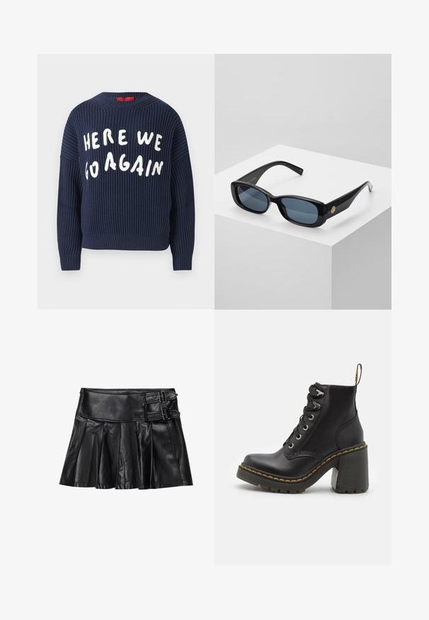 Navy ribbed knit sweater with wide sleeves and round neck; features white lettering that reads "HERE WE GO AGAIN" across the front.; Black leather skirt with pleats, wide waistband, and two buckle accents on the side. Smooth texture with a glossy finish.; Black leather ankle boot featuring a chunky high heel, lace-up front, metal eyelets, and yellow stitching along the sole. Textured rubber outsole.; Black rectangular sunglasses with tinted blue lenses, thick frames, and a gold circular accent on the side. Sleek, shiny finish.; Burgundy handbag made of synthetic material with a structured design, featuring a detachable strap and a floral-patterned scarf tied to the handle.