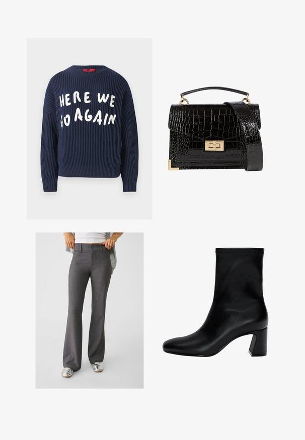 Navyfarbener, gerippter Strickpullover mit weiten Ärmeln und rundem Ausschnitt; verfügt über weiße Schriftzüge, die "HERE WE GO AGAIN" auf der Vorderseite anzeigen.; Graue, ausgestellte Hosen aus strukturiertem Stoff, mit einer Zwei-Knopf-Verschluss und Gürtelschlaufen, kombiniert mit glänzenden silbernen Sneakers.; Schwarzer Knöchelstiefel aus glattem Leder. Mit quadrater Zehenpartie, elastischem Schaft und einem stabilen Blockabsatz. Minimalistisches Design.; Schwarz lackierte Handtasche mit Krokodilstruktur, goldfarbenen Hardware, einem oberen Griff und einem abnehmbaren Schulterriemen. Rechteckige Form mit Klappenverschluss.