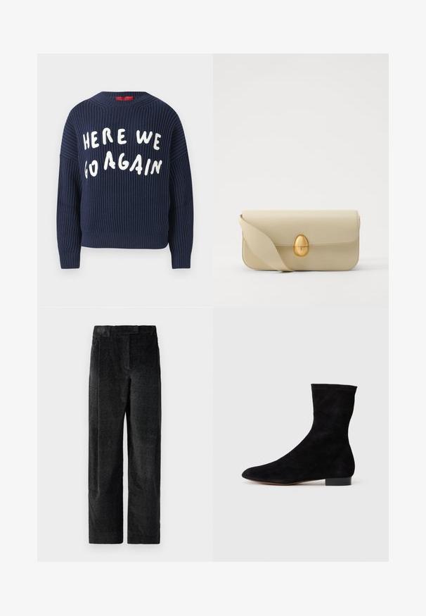 Jersey de punto acanalado en color marino con mangas anchas y cuello redondo; cuenta con letras blancas que dicen "AQUÍ VOLVEMOS A EMPEZAR" en la parte frontal.; Pantalones de pierna ancha texturizados en negro con un tejido pronunciado, que presentan pliegues frontales y una cinturilla plana. Diseño clásico para versatilidad.; Botín de ante negro con caña ajustada, punta afilada y tacón bajo en bloque. Textura suave y diseño minimalista, adecuado para un estilo versátil.; Bolso de mano de cuero beige con una textura suave, forma rectangular y un cierre ovalado dorado. Cuenta con una correa larga y ajustable.