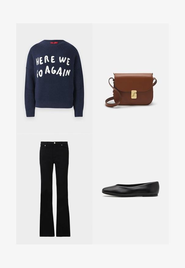Mornarski rebrasti džemper s širokim rukavima i okruglim izrezom; sadrži bijeli natpis koji glasi "OPET POČINJEMO" na prednjoj strani.; Crne široke traperice izrađene od denima, s dva prednja džepa, kopčanjem na dugme i glatkom teksturom. Potpisna šavova vidljiva na šavovima.; Paul Smith TOPANGA - Balerinke - black; Smeđa kožna torba s preklopom, zlatnim detaljima, remenom za nošenje preko ramena i glatkom teksturom. Kompaktni pravokutni oblik.