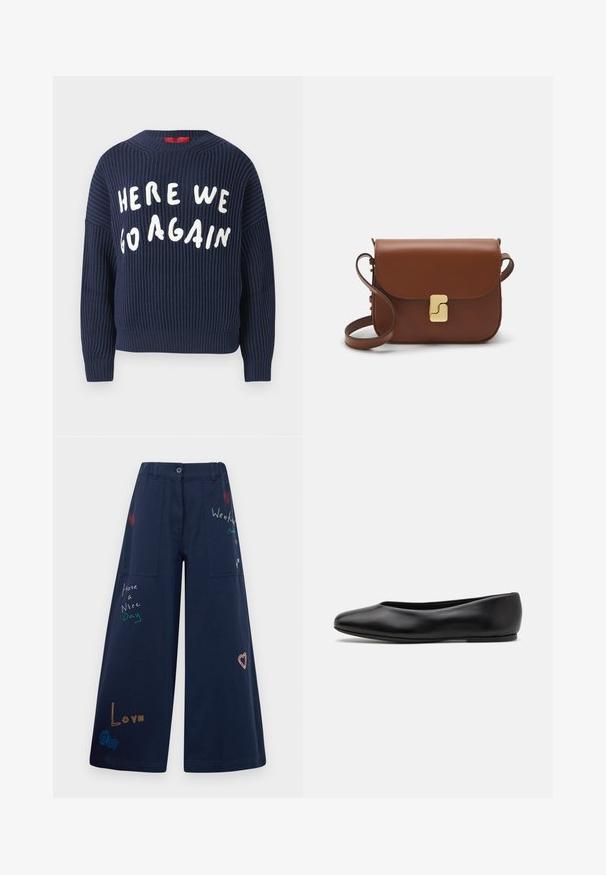 Navy ribbed knit sweater with wide sleeves and round neck; features white lettering that reads "HERE WE GO AGAIN" across the front.; Navy blue wide-leg pants in cotton with multiple pockets. Features colorful embroidered text and graphics including hearts and playful phrases.; Paul Smith TOPANGA - Ballet pumps - black; Brown leather handbag with a flap closure, gold-tone hardware, a shoulder strap, and a smooth texture. Compact rectangular shape.