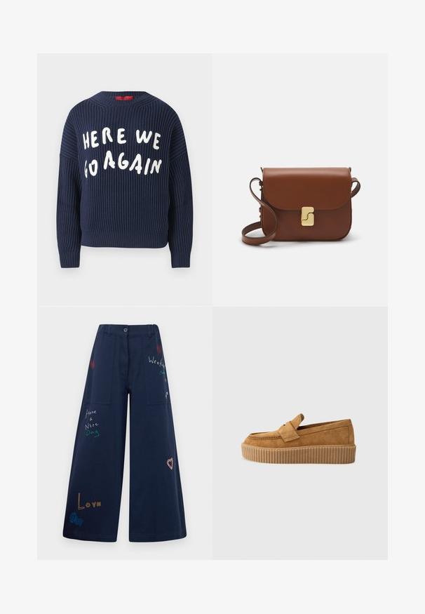 Mornarji rebrasti pleteni pulover s širokimi rokavi in okroglim ovratnikom; na sprednji strani je belo besedilo, ki pravi "TUKAJ GREMO SPET".; Temno modre široke hlače iz bombaža z več žepi. Imajo barvno vezeno besedilo in grafike, vključno s srčki in igrivimi frazami.; Brajni semiš loafers z okroglo konico, ki imajo rebrast podplat in dekorativni trak čez zgornji del.; Rjava usnjena torbica s poklopcem, zlato obarvani okovi, naramnica in gladka tekstura. Kompaktna pravokotna oblika.