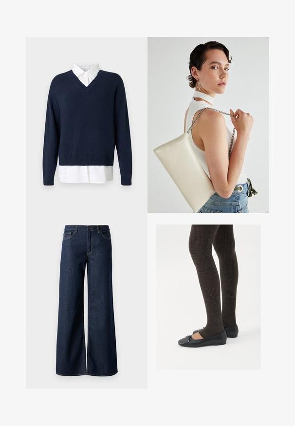 Sötétkék V nyakú pulóver puha kötésből, fehér ingre rétegezve, amin apró, szórt pöttyök vannak és klasszikus gallérja.; Sötét kék farmer széles lábú nadrág. Kontrasztos varrással, öt zsebhálóval és gombos derékzárással rendelkezik. Simás textúra.; Fekete lapos cipők kis masni díszítéssel az orrán, sötétbarna bordázott harisnyával párosítva. A cipők sima textúrával és alacsony profilúak.; Fehér, téglalap alakú, fényes anyagból készült clutch táska, ezüst láncos pánttal. A modell pózol, bemutatva a táskát egy egyszínű háttér előtt.