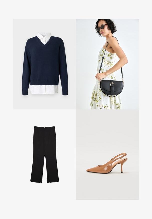 Maglione blu navy a scollo a V in morbido filato, indossato sopra una camicia bianca con piccoli punti polka sparsi e colletto classico.; Pantaloni neri a gamba dritta, con tasche frontali e spacchi laterali all'orlo. Realizzati in tessuto morbido e liscio. Adatti a diverse occasioni.; Tacco slingback a punta affusolata in un materiale tan liscio e lucido. Presenta un design con ritaglio curvo e un sottile tacco a stiletto. Dettaglio con fibbia argentata.; Borsa a tracolla nera in pelle con una forma curva, manico rimovibile e accessori dorati. La borsa presenta una patta con un dettaglio a fibbia.