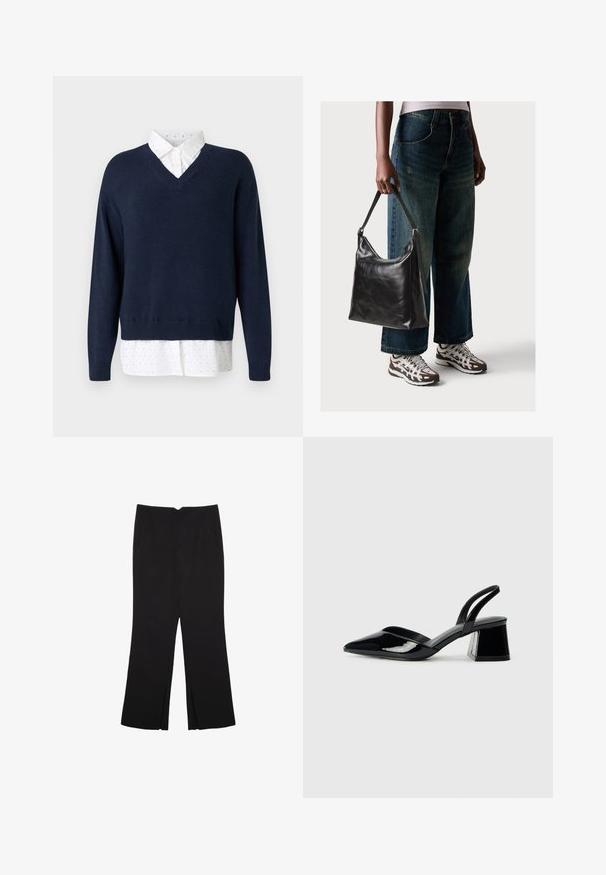 Námořnický modrý svetr s výstřihem do V z jemného pleteného materiálu, overovaný na bílé košili s malými, rozptýlenými puntíky a klasickým límcem.; Černé kalhoty s rovným střihem, s předními kapsami a bočními rozparky na lemu. Vyrobené z jemné, hladké tkaniny. Vhodné na různé příležitosti.; Černé lakované kožené lodičky na pásku s špičatou špičkou a geometrickým blokovým podpatkem. Vyznačují se elegantním, minimalistickým designem a hladkým povrchem.; Černá kožená kabelka přes rameno se hladkým povrchem a nastavitelným popruhem, spárovaná s vybledlými džínami širokého střihu a sportovními teniskami.