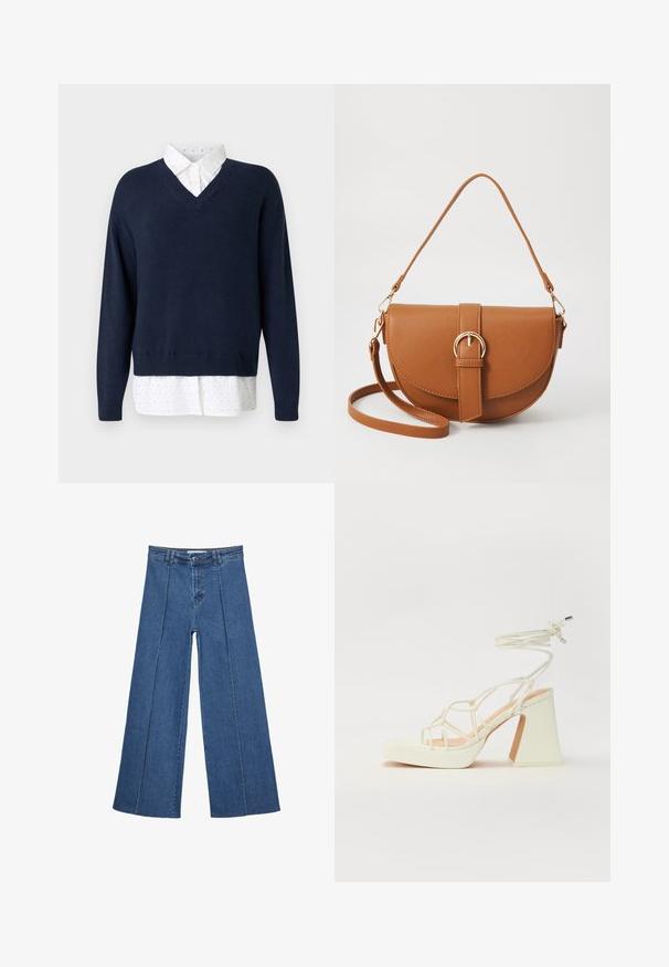 Marinblå v-ringad tröja i mjukt stickat material, lager på lager över en vit skjorta med små, spridda prickar och en klassisk krage.; Vidbenade denimjeans i medelblått, med hög midja, knäppning och kontrasterande vertikala sömdetaljer längst fram.; Vit högklackad sandal med en kraftig klack, med ett remdesign och ankelband. Slät textur med en plattform framtill för ökad höjd.; Brun läder crossbody-väska med en böjd form, gyllene detaljer och en spänneaccent. Har en avtagbar axelrem.
