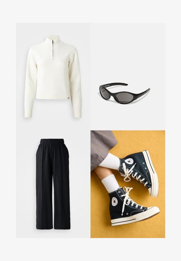 Witte sweater met ritssluiting en lange mouwen. Gemaakt van een zachte gebreide stof, met ribgebreide boorden en een zoom. Subtiele merklogo aan de zoom.; Zwarte wijde broek met een elastische tailleband, gemaakt van zachte stof, met een gladde textuur en een strak design.; Zwarte canvas hoge sneakers met witte veters en rubberen zolen, met een ronde Converse All Star-logo aan de buitenzijde.; Zwarte zonnebril met een ovale vorm en donkere lenzen. Slank plastic montuur met textuuraccenten op de armen. Merkaanduiding aan de zijkant.