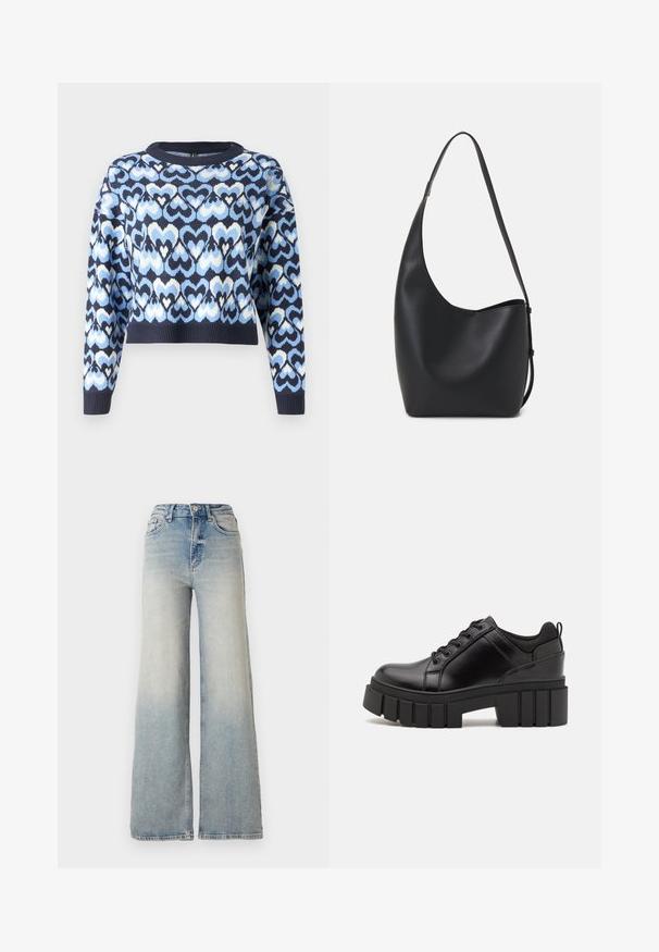 Marineblauer Pullover mit einem Muster aus ineinandergreifenden Herzen in Hellblau und Weiß, im verkürzten Stil mit Rundhalsausschnitt und gerippten Bündchen.; Hellblaue weit geschnittene Jeans aus Denim, mit hoher Taille, fünf Taschen und sichtbaren Nähten entlang der Säume.; Schwarze Lederplateauschuhe mit klobigem Blockabsatz, runder Zehenpartie und traditionellem Schnürdesign. Verfügt über eine glatte Textur und minimale Details.; Schwarze Leder-Hobo-Tasche mit einer glatten Textur, geschwungener Form und einem einzelnen verstellbaren Tragegurt; verfügt über eine weite Öffnung am oberen Ende.