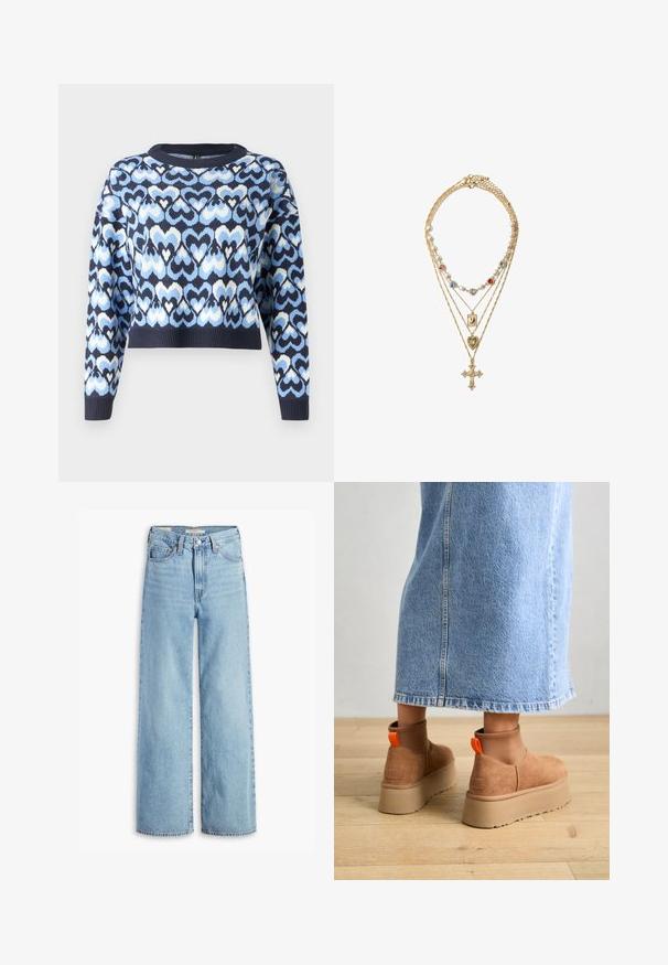 Námořnický modrý svetr s vzorem propojených srdcí v světle modré a bílé barvě, zkrácený styl s kulatým výstřihem a žebrovanými manžetami.; Světle modré volné džíny s vysokým pasem, předním knoflíkem a zipem, poutky na opasek a designem s pěti kapsami.; Hnědé semišové platformové boty s elastickými bočními panely a oranžovými poutky, spárované s sukní z jasného denimu ke kolenům na dřevěné podlaze.; Zlatě tónovaný vrstvený náhrdelník s různými perlami a barevnými drahokamy, podrobně zpracovanými přívěsky včetně tvarů kříže a srdce.