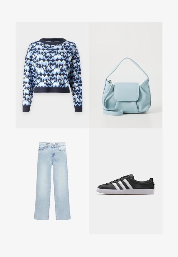 Marineblauwe trui met een patroon van in elkaar grijpende harten in lichtblauw en wit. Cropped stijl met een ronde hals en geribde manchetten.; Lichtblauwe wijde jeans van denim met een hoge taille, vijf zakken en een knoopsluiting. Heeft een minimale stikselafwerking.; Zwarte lederen sneaker met een witte drie-strepen ontwerp, ronde neus, platte witte rubberen zool en merkdetail aan de zijkant.; Lichtblauwe leren handtas met een bovenhandvat, een voorklepzak en een afneembare polsband op een witte achtergrond.