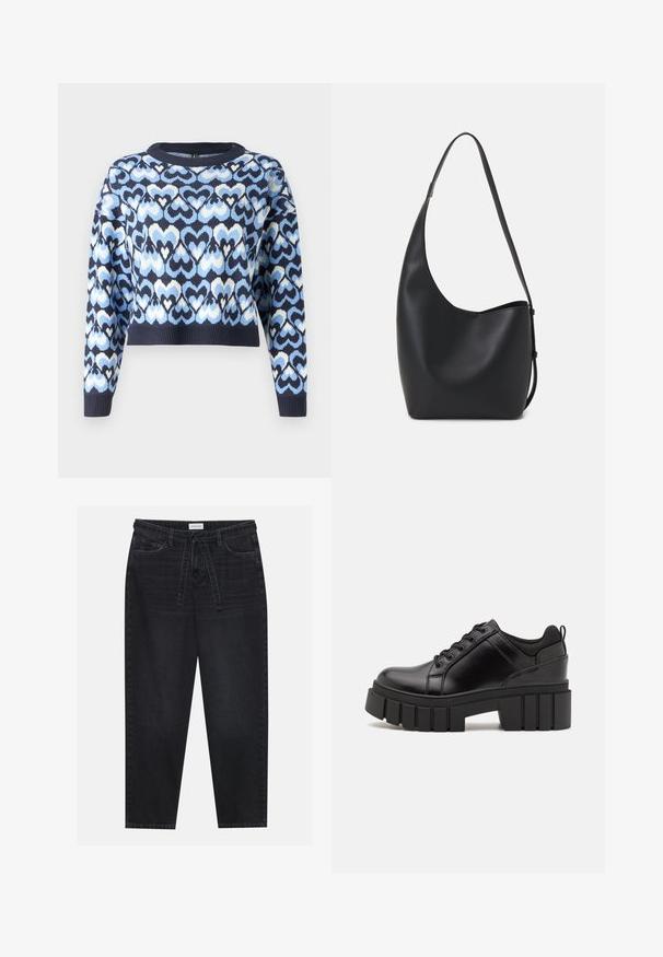 Mørkeblå sweater med et mønster af sammenflettede hjerter i lys blå og hvid, cropped stil med rund hals og ribbet manchetter.; Sorte denimbukser med en afslappet pasform, der har en snøre i taljen og fem lommer. Glat tekstur med minimal falming og kontraststing.; Sorte læder platform sko med en klodset blokhæl, rund tå og traditionelt snøredesign. Har en glat tekstur og minimal detaljering.; Sort læder hobo taske med en glat overflade, buet form og en enkelt justerbar rem; har en bred åbning øverst.